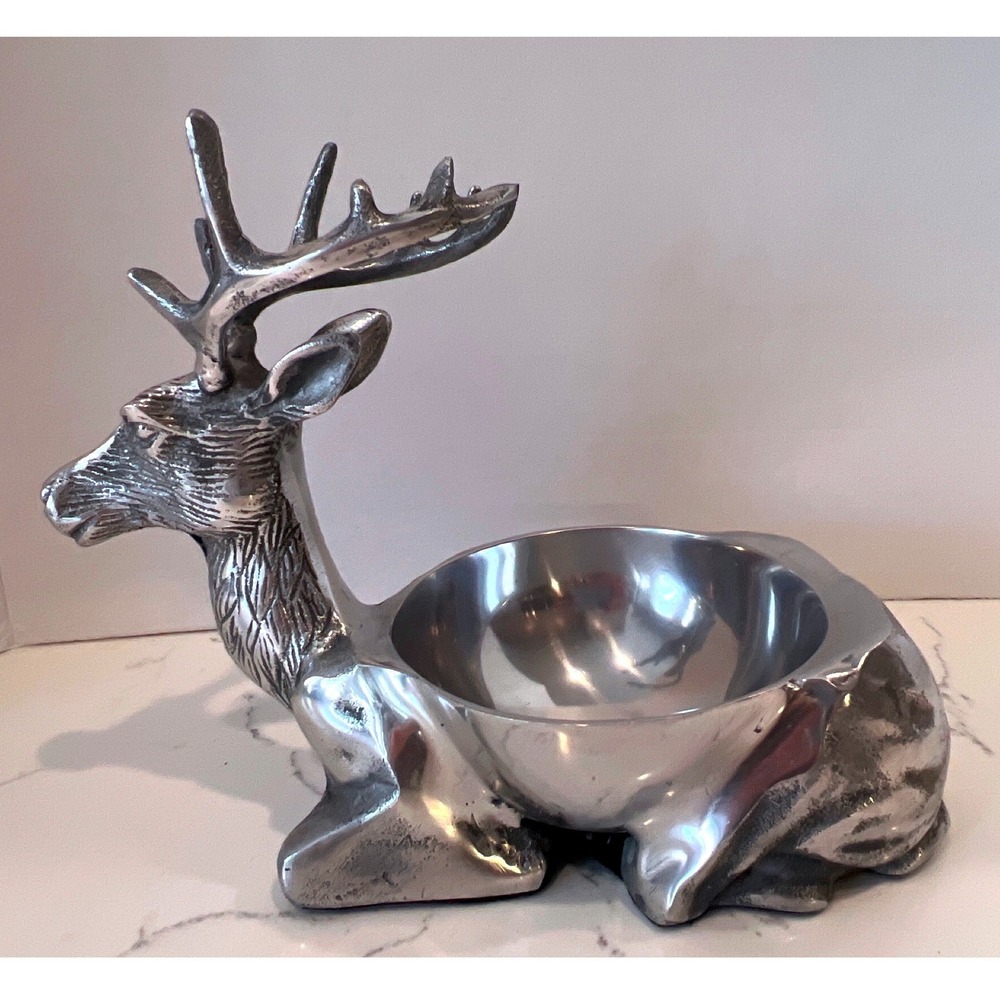 Silver Tone Metal Stag Deer Figural Nut Bowl Candy Dish Rustic Christmas Decor